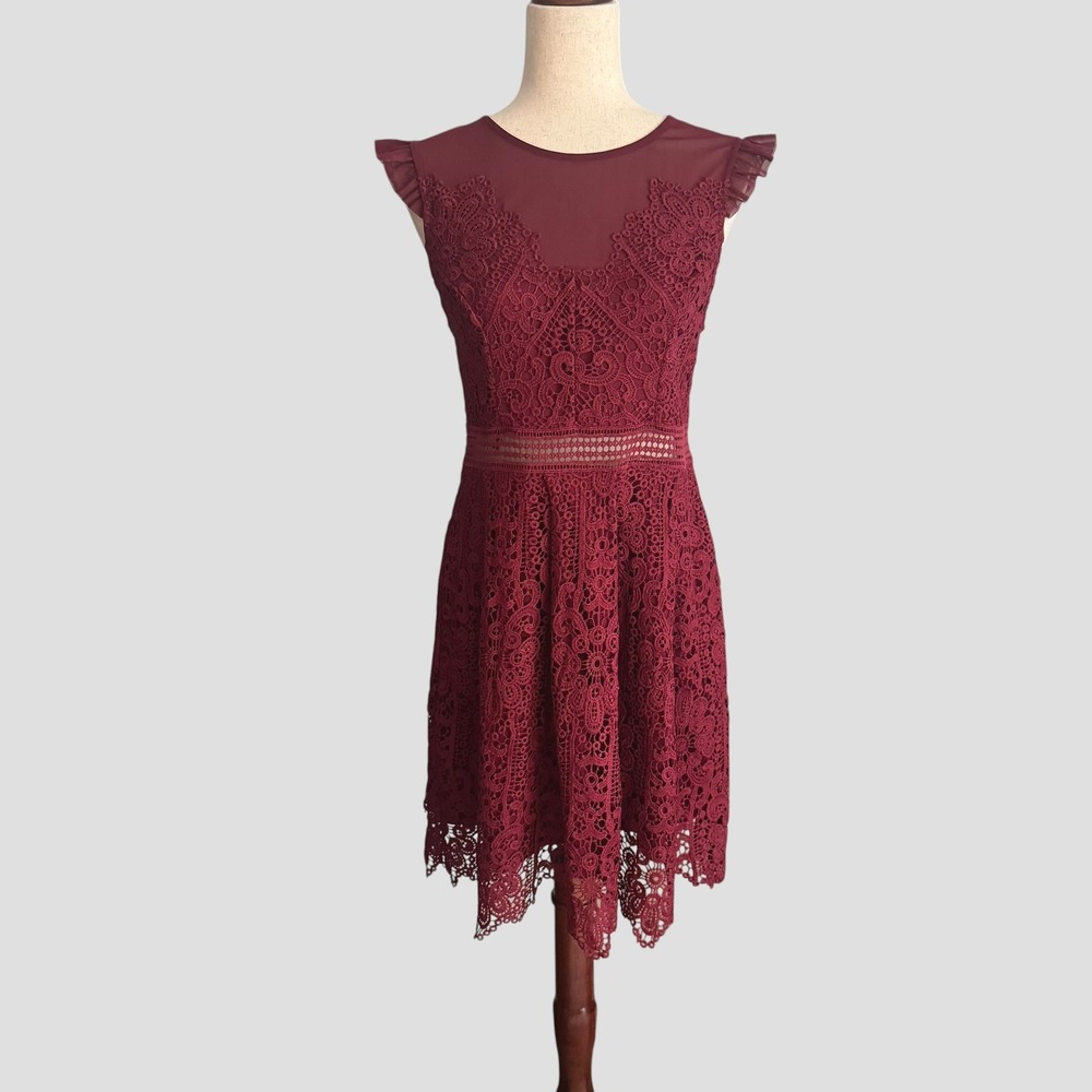 Francescas Burgundy Floral Lace Ruffle Cocktail Dress M Romantic Whimsigoth Boho